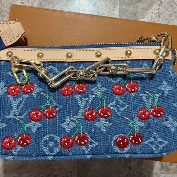 Beautiful Denim Fashion Pouch with Embroidery and Leather and multi straps! - Picture 2 of 5